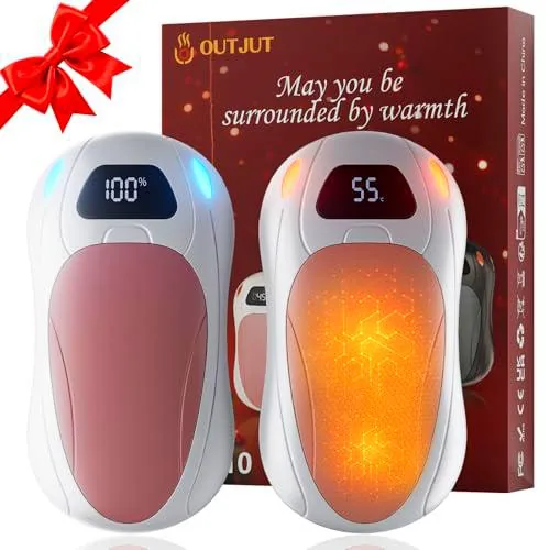 OUTJUT Calentador de Manos Recargable con Visualización en Pantalla,Calentador de Manos Portátil Reutilizable de 6000 mAh Diseño Magnético,3 Niveles de Calor para Exteriores,Esquí,Camping-Rosa&Blanco