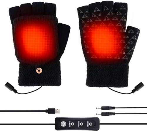 Auniq Guantes Calefactables,Guantes Térmicos USB Guantes de Invierno Unisex Guantes de Tejer Guantes de Medio Dedo con Cubierta para El Dedo para Ciclismo Pesca Esquí Senderismo (Negro)