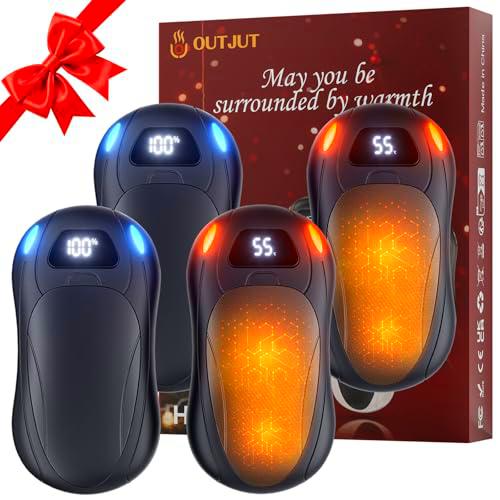 OUTJUT Paquete de 4 Calentador de Manos Recargable con Visualización en Pantalla,Calentador de Manos Portátil Reutilizable de 6000 mAh Diseño Magnético,3 Niveles de Calor para Exteriores,Camping-Negro