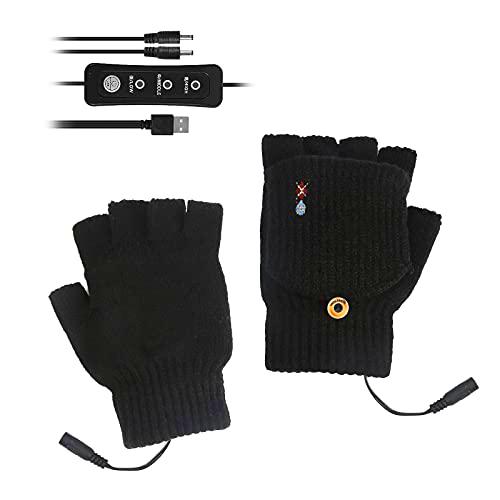 Borlai Hombres mujeres guantes calentados USB mitones de invierno unisex tejido eléctrico calentado sin dedos manos calentador con cubierta de dedo, Negro, M
